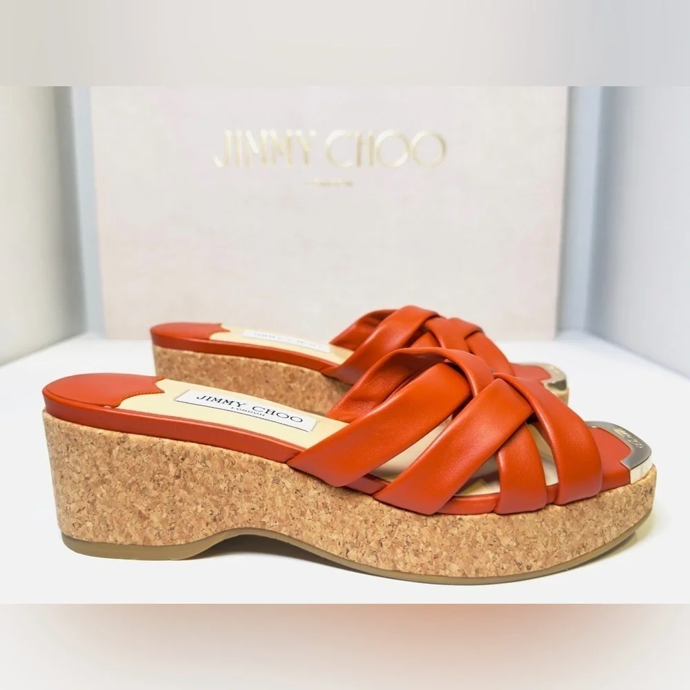 Jimmy Choo Maribou 50 Platform Wedge Slide Sandals Orange Napa Leather Size 38
